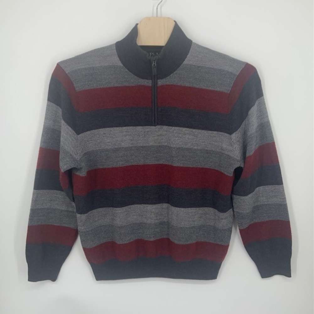 Jos A Bank 100% Merino Wool Sweater L Quarter Zip Striped Preppy Quiet Luxury